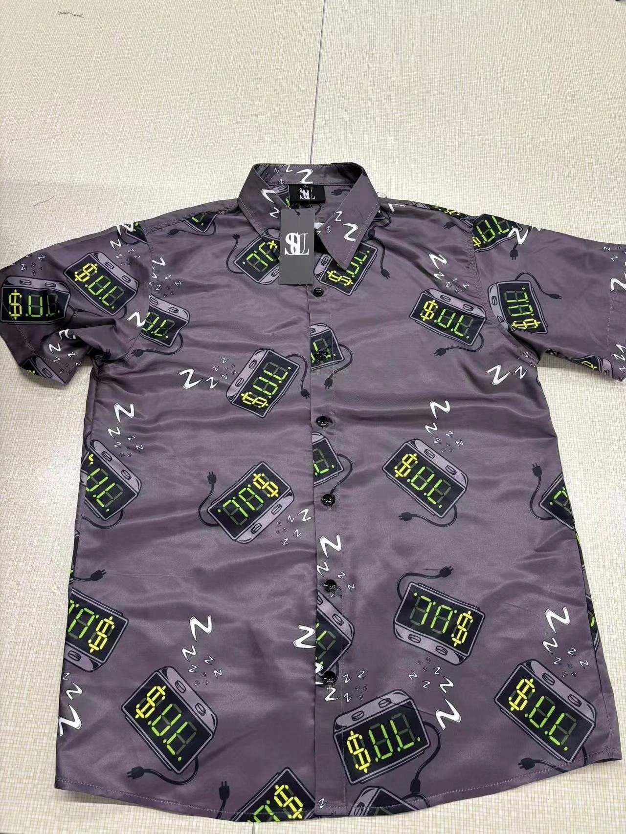 Charcoal short sleeve shirt with repeating lime digital alarm clock artwork