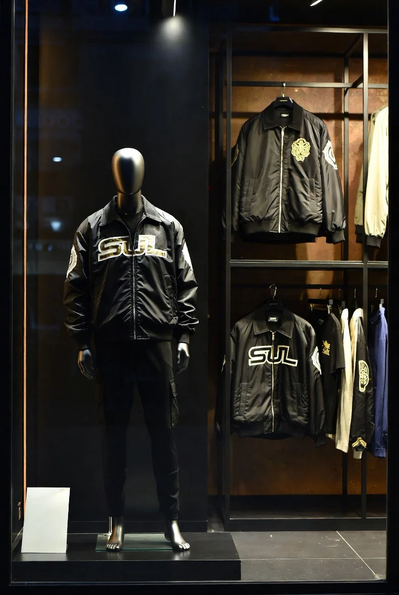 SUL bomber jacket styled in a warmly lit storefront