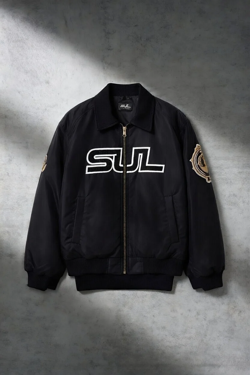 Black SUL bomber jacket with outlined chest embroidery and shoulder patches