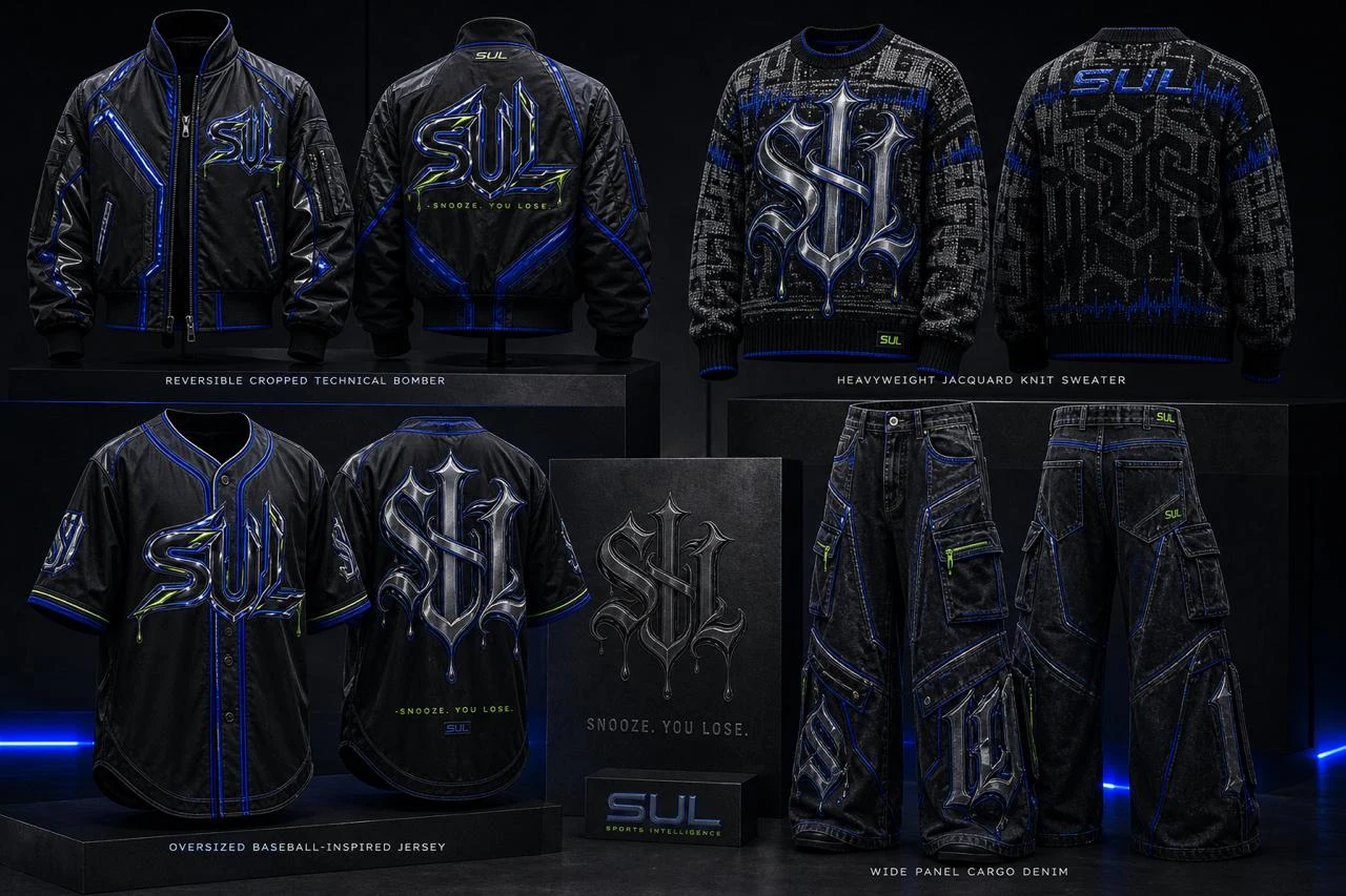 SUL design study showing chrome logos, blue detailing, a bomber, sweater, jersey, and cargo trousers
