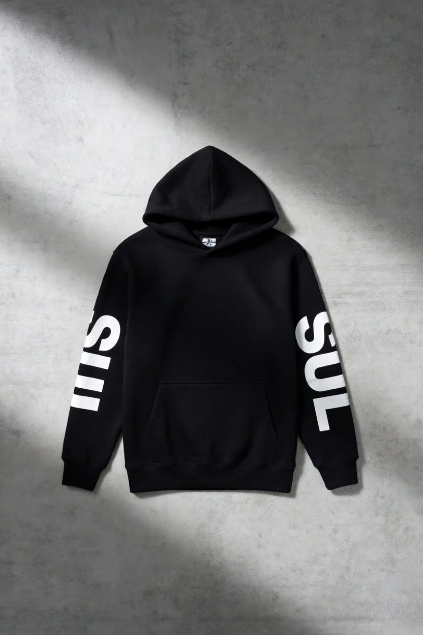 Black SUL hoodie with white lettering on both sleeves