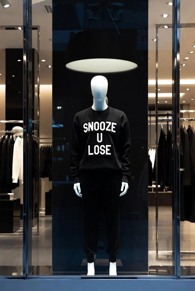 SUL sweater displayed in a glass storefront