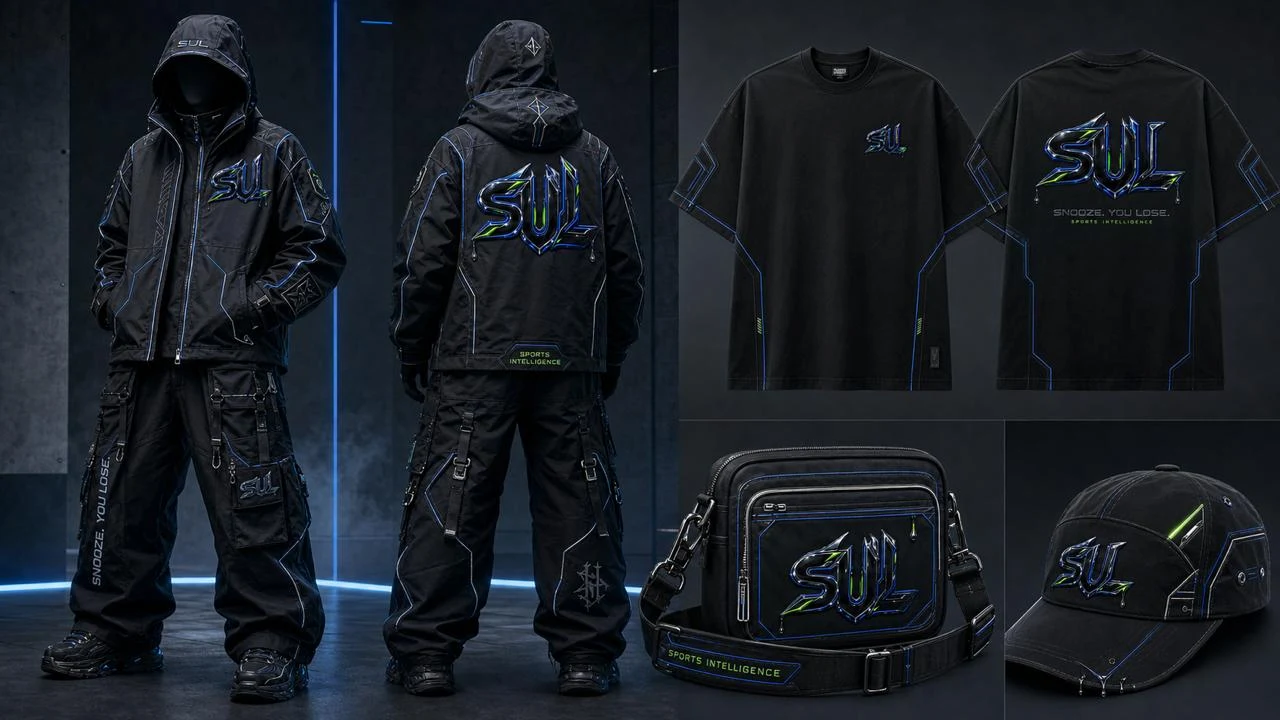 SUL technical collection design study: black hooded outfit with chrome logos and blue detailing