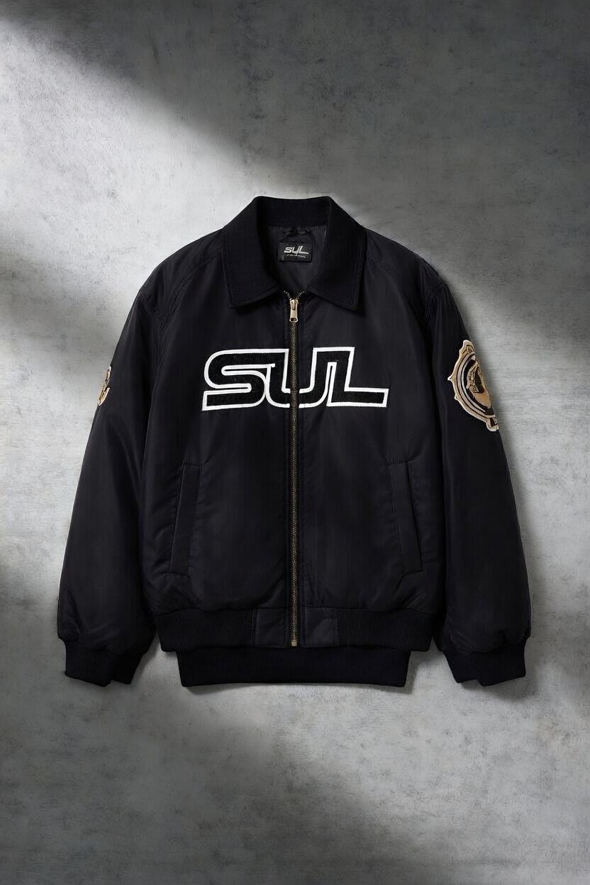 SUL Bomber Jacket flat lay with gold embroidery and patches