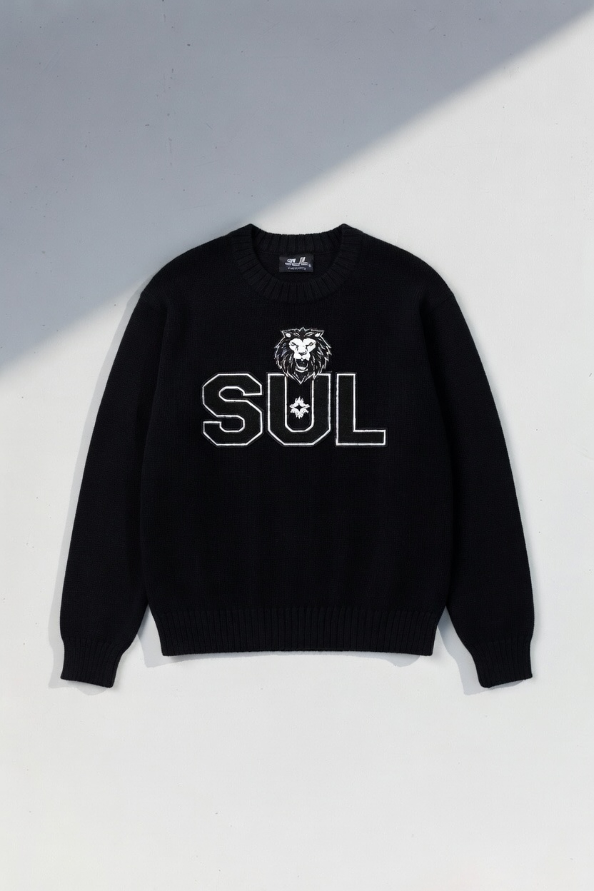 SUL Lion Sweater collection display with embroidered lion crest